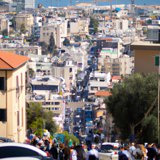 תמונה המציגה את רחובותיה הסואנים של חיפה, עם מקומיים ותיירים שוקקים.